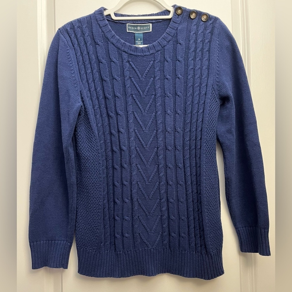 Karen Scott Women’s Blue Cable Knit Sweater with Shoulder Buttons (Size M)